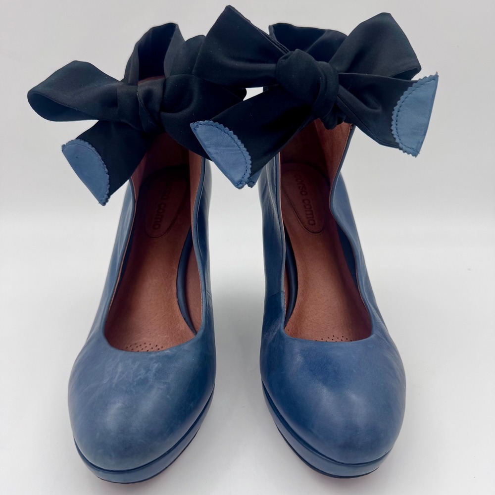 CC Corso Como Blue Leather Wedge Pumps Ankle Bow Platform Heels Brazil Size 8 - Picture 2 of 8